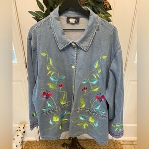 Vintage Denim & Co Floral Butterfly Embroidered Chambray Shacket Button Down 3X